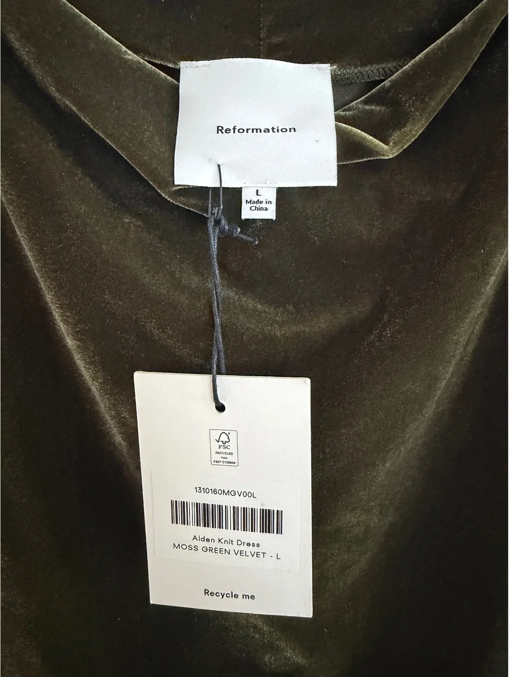 NWT Reformation Alden Knit Dress Sz L Green Velvet Party